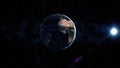 Sunrise view from space on Planet Earth. South America zone. World in black Universe in stars. High detailed 3D Render animation.