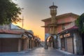 Sunrise view of a tourist street in Greek town Rhodes Royalty Free Stock Photo