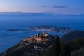 Eze ÃËze Village, the Mediterranean Sea and Saint-Jean-Cap-Ferrat at sunrise. Alpes-Maritimes, French Riviera, France