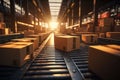 Sunrise in the warehouse, boxes on conveyor belts, bustling packing