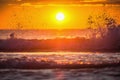 Beautiful sunrise wave. Tropical golden rising sun over the sea. Royalty Free Stock Photo