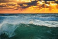 Sunrise Wave. Ocean Waves Crashing Onto The Shore