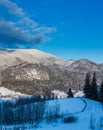 Sunrise winter Carpathian mountain village Zelene outskirts, Verkhovyna, Ukraine Royalty Free Stock Photo