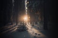 Sunrise in a winter forest aesthetic background, witchcraft magic wallpaper AI Generated Royalty Free Stock Photo