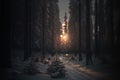 Sunrise in a winter forest aesthetic background, witchcraft magic wallpaper AI Generated Royalty Free Stock Photo