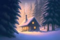 Sunrise in winter forest, snow covered cottage in the woods. Generative AI illustration