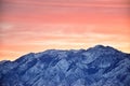 Sunrise of Winter panoramic, view of Snow capped Wasatch Front Rocky Mountains, Great Salt Lake Valley and Cloudscape from the Mou Royalty Free Stock Photo