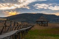 Sunrise wooden walkway dried up swamp