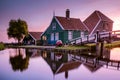 Sunrise Zaanse Schand Dutch windmill village, Windmill village Zaanse Schans, green wooden house at the windmill village