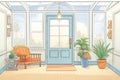 sunroom door leading to classic colonial porch, magazine style illustration