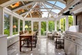 Sunroom patio area with transparent vaulted ceiling Royalty Free Stock Photo