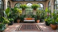 A sunroom with a white couch, potted plants, and a patterned rug Royalty Free Stock Photo