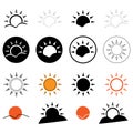 Suns icon collection. Flat simple icons set. Sunrise, sun, sunshine, linear, color and silhouette raster symbols isolated on white Royalty Free Stock Photo