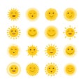 Suns set. Bright suns in cartoon style with joyful emotions. Smiling cheerful suns. Icons . Cartoon children s vector Royalty Free Stock Photo