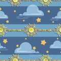 Suns. Sky. Sweetheart. Vector baby background. Cartoon sun and asterisks on blue sky background. Royalty Free Stock Photo