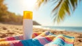 Sunscreen on a beach towel Royalty Free Stock Photo