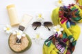 Sunscreen ,body lotion ,yellow scarf ,sunglasses and coconut juice