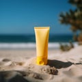 Sunscreen bottle on sandy beach with palm trees in the background.