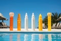 sunscreen bottles with different spf levels on pool edge