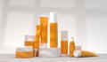 Sunscreen bottles on podium mockup banner. Skincare beauty products display. Realistic set of orange tubes cream, jars