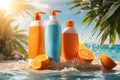 Sunscreen bottles in splash water and tropical plant shade, uv protection