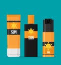 Sunscreen Care Sun Protection Cosmetics vector illustration. cream icon set in flat-style isolation Royalty Free Stock Photo