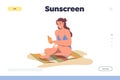 Sunscreen concept for landing page with happy woman character applying cosmetics for UV protection