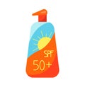 Sunscreen in a container with a dispenser, sunscreen SPF, vector object in cartoon style, clip art on a white background, flat Royalty Free Stock Photo