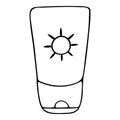 Sunscreen. Cosmetics for a beach holiday. Vector illustration. Outline on an isolated white background. Doodle style. Sketch.