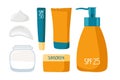Sunscreen cosmetics. Product for Summer Protection set. Cartoon vector illustration. Cream jar, tubes, bottles