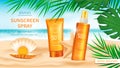 Sunscreen cosmetics on sea or ocean background