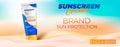 Sunscreen cream horizontal ads banner. Sun care sunscreen poster with realistic 3d cosmetic tube.