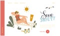 Sunscreen Cream Landing Page Template. Woman Lounging on Chaise Lounge under Sun Rays Relaxing on Sea Beach at Summer