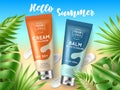 Sunscreen creams. Summer cosmetic advertising banner. Product presentation. Sunblock moisturizer, skincare cream tube