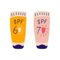 Sunscreen doodle style. Cream products with SPF protection. Hand drawn summer cosmetic. Skin care products. Vector.