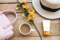 Sunscreen for heatlh care skin face with accessories of lifestyle woman