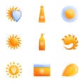 Sunscreen icon set, cartoon style Royalty Free Stock Photo