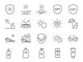 Sunscreen icon set. The icons included sun protection, sunbathing, sunglasses, UV, SPF, and more.