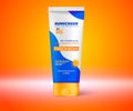 Sunscreen isolated on orange background, vector sunblock cream ads poster or banner