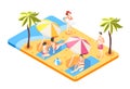 Sunscreen isometric composition with view of sandy beach with palms umbrellas and people applying sunblock creams vector