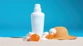 Sunscreen lotion on sandy beach. AI Generative Royalty Free Stock Photo