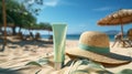 Sunscreen lotion on sandy beach, summer composition with hat, blue sea and sky as background. Generative AI Royalty Free Stock Photo