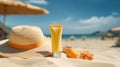 Sunscreen lotion on sandy beach, summer composition with hat, blue sea and sky as background. Generative AI Royalty Free Stock Photo