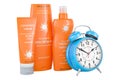 Sunscreen products with alarm clock, 3D rendering