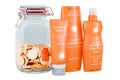 Sunscreen products with glass jar full of golden coins, 3D rendering