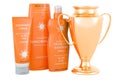 Sunscreen products with golden cup award, 3D rendering