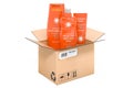 Sunscreen products inside parcel. 3D rendering