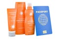 Sunscreen products with international passport, 3D rendering