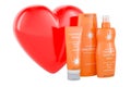 Sunscreen products with red heart, 3D rendering