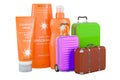 Sunscreen products with suitcases, 3D rendering